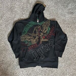 Vintage Y2K Avirex Hoodie Men Large Black Eagle AOP Grunge Skater Cyber Goth 90s